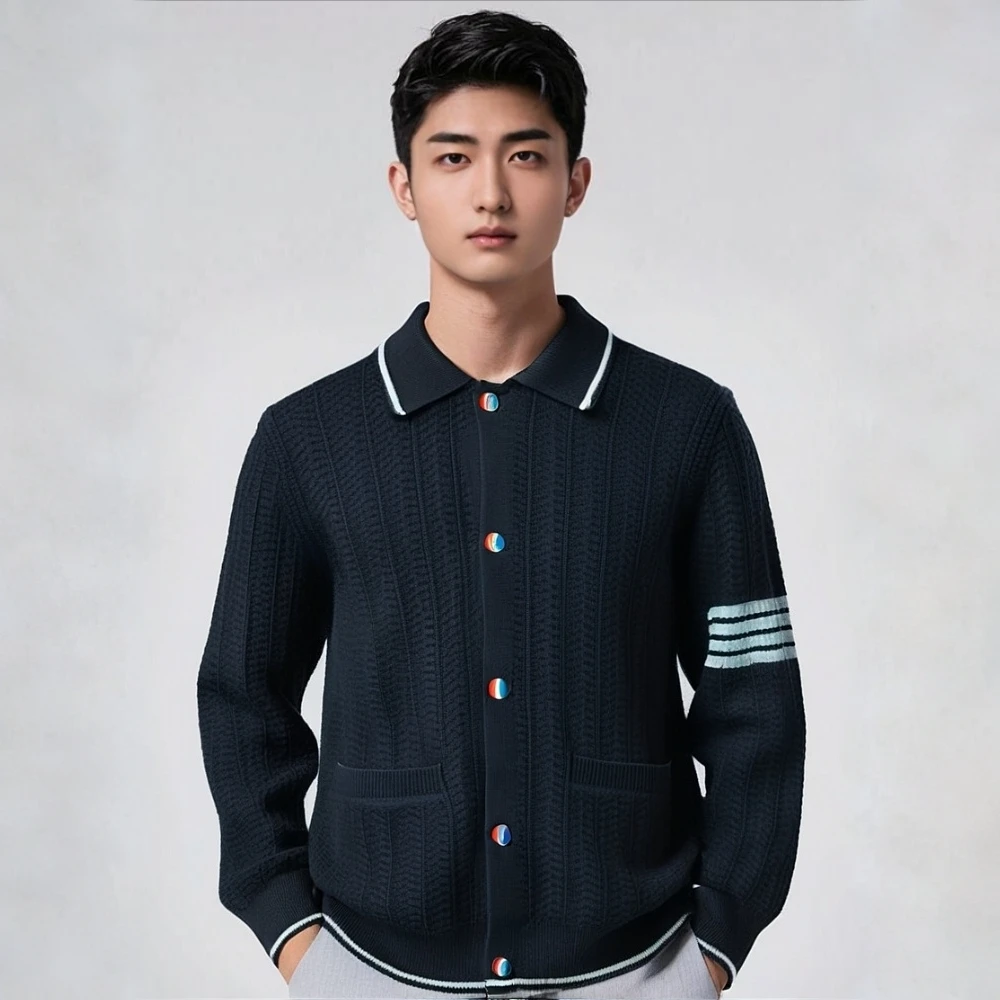 TC男装秋冬款四条杠提花翻领纽扣爆款慵懒风男士休闲羊毛混纺外套