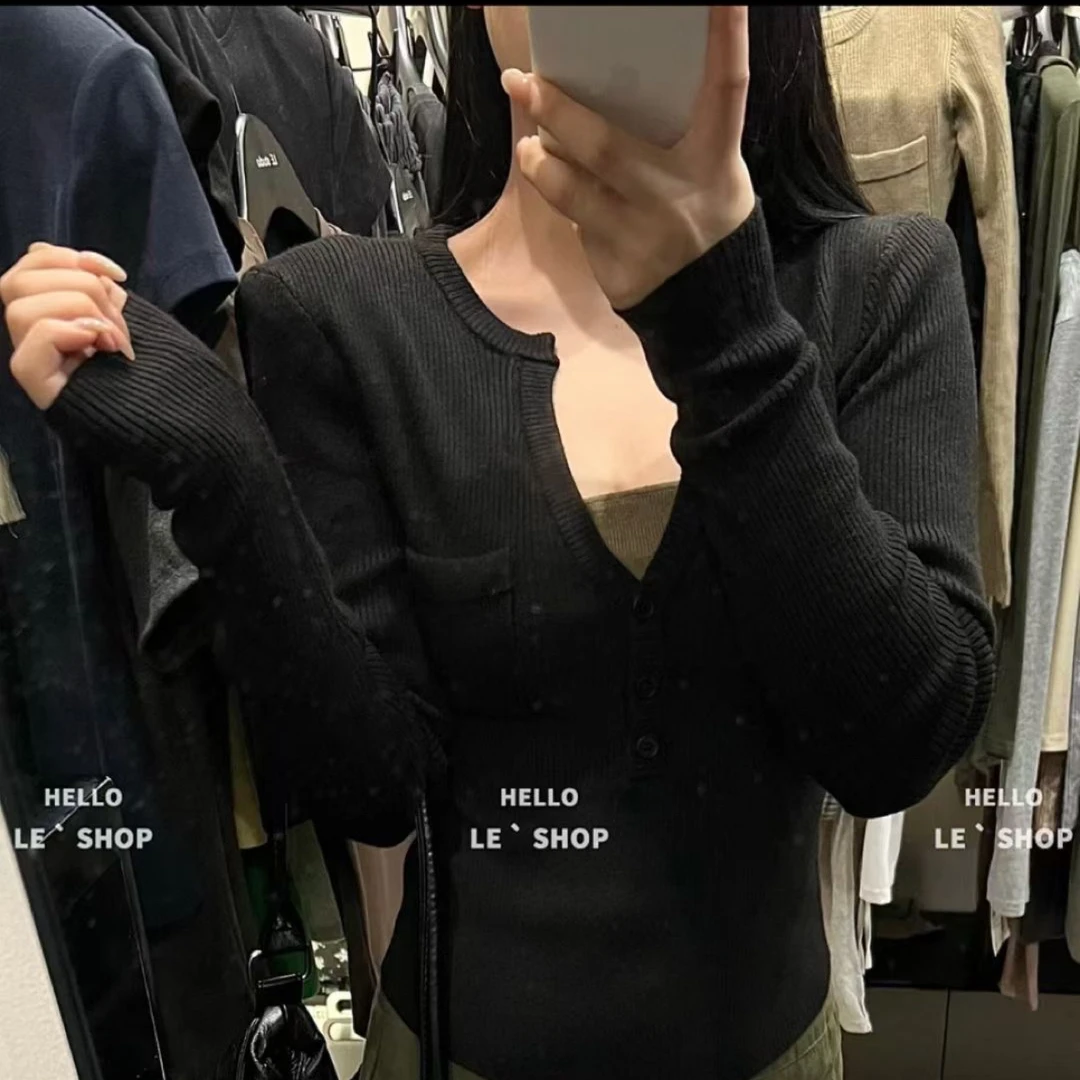 INS风女拼色V领针织常规毛针织衫秋冬黑色修身v领