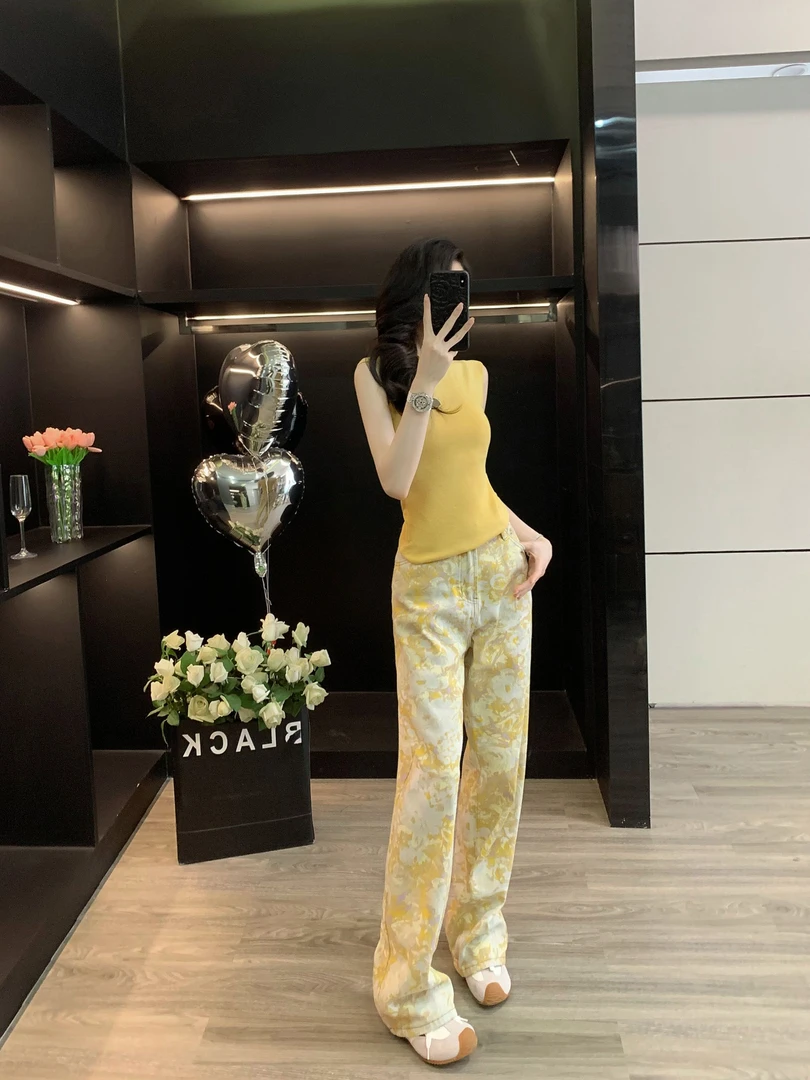辣妹穿搭时尚套装女2025夏修身洋气黄色无袖背心阔腿牛仔裤两件套