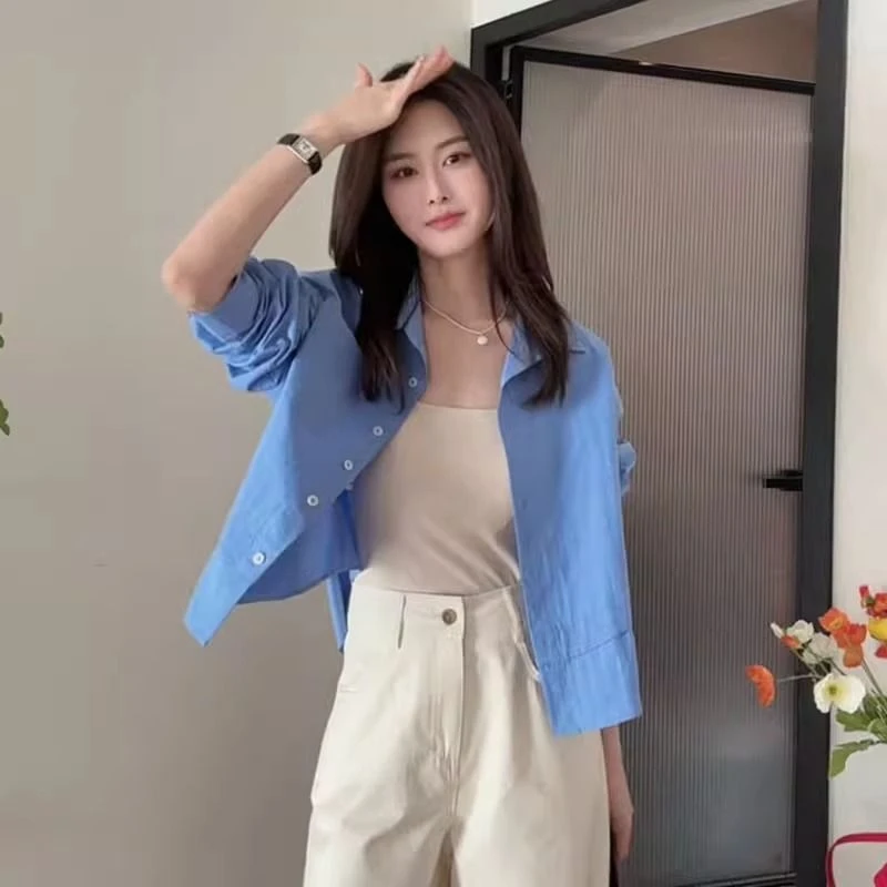 9191蓝色衬衫女春夏季设计感小众休闲防晒外套宽松慵懒风外搭上衣