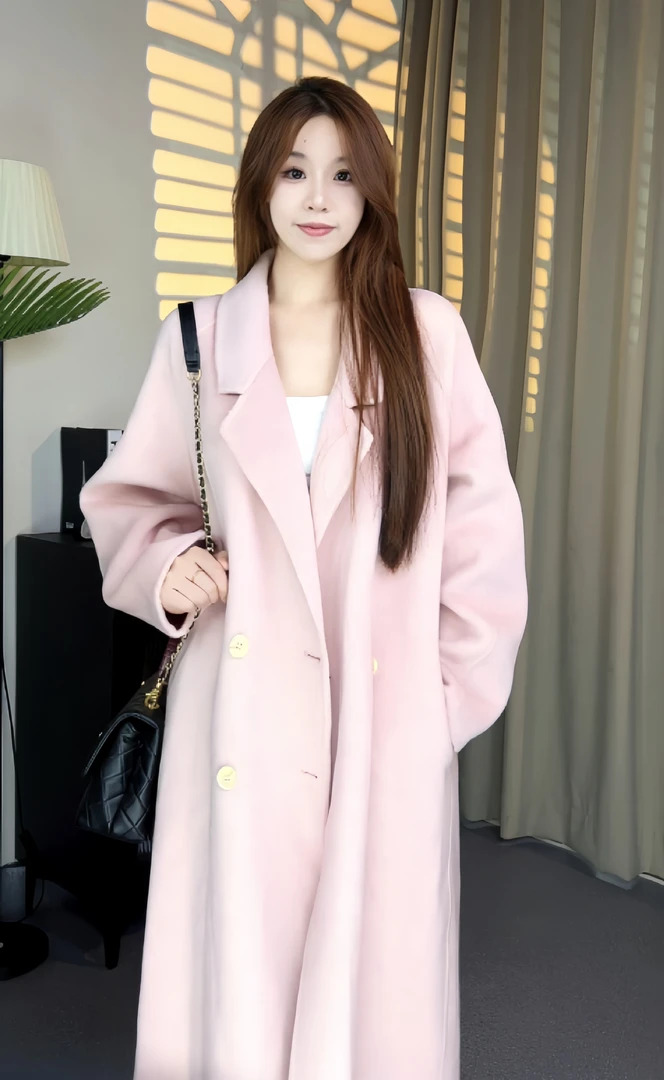 粉色长款女慵懒风秋季羊毛外套呢大衣韩版西装宽松