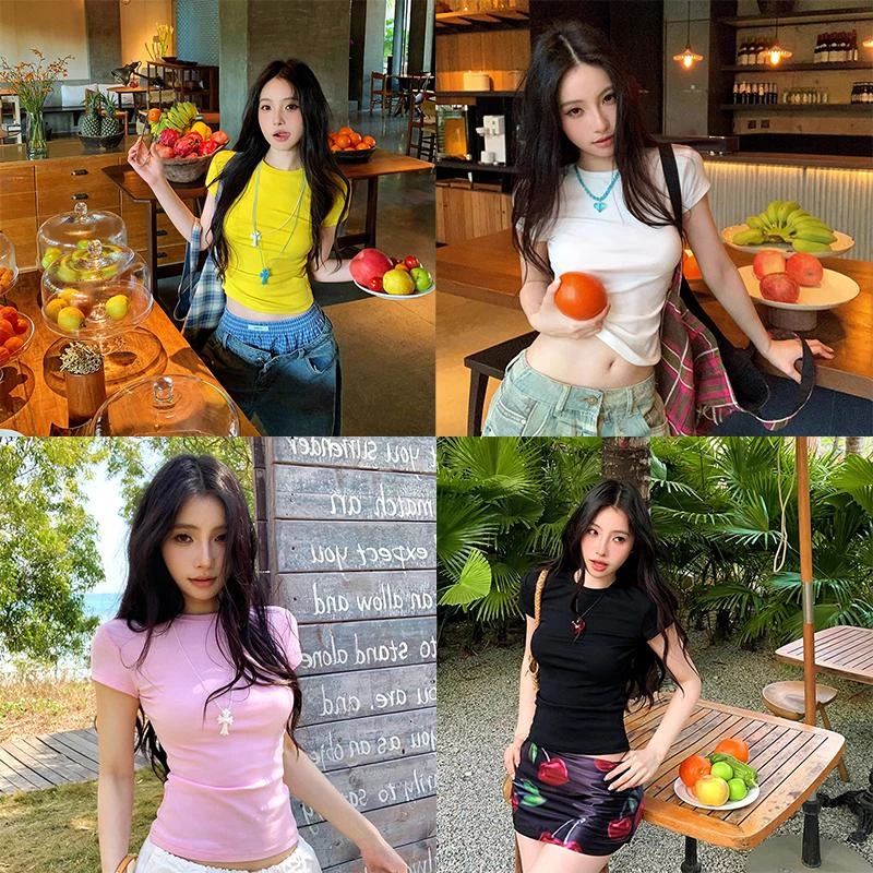 韩系正肩显瘦神仙百搭简约圆领T恤夏季纯欲修身紧身短袖女