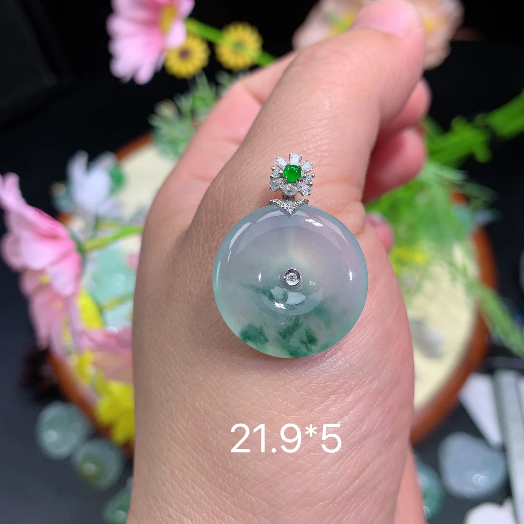 缅甸翡翠A货冰种飘花平安扣佳挂件水润百搭精冰妈妈精美玉石百搭