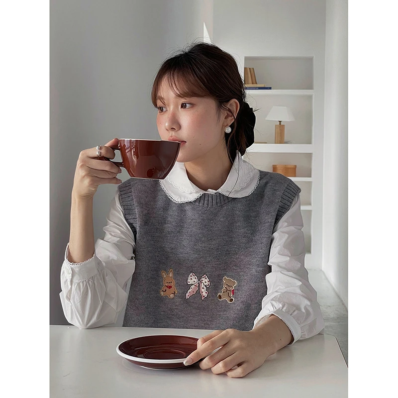 【歌铭】韩系针织卡通刺绣圆领背心女2025秋季新款无袖上衣N762B