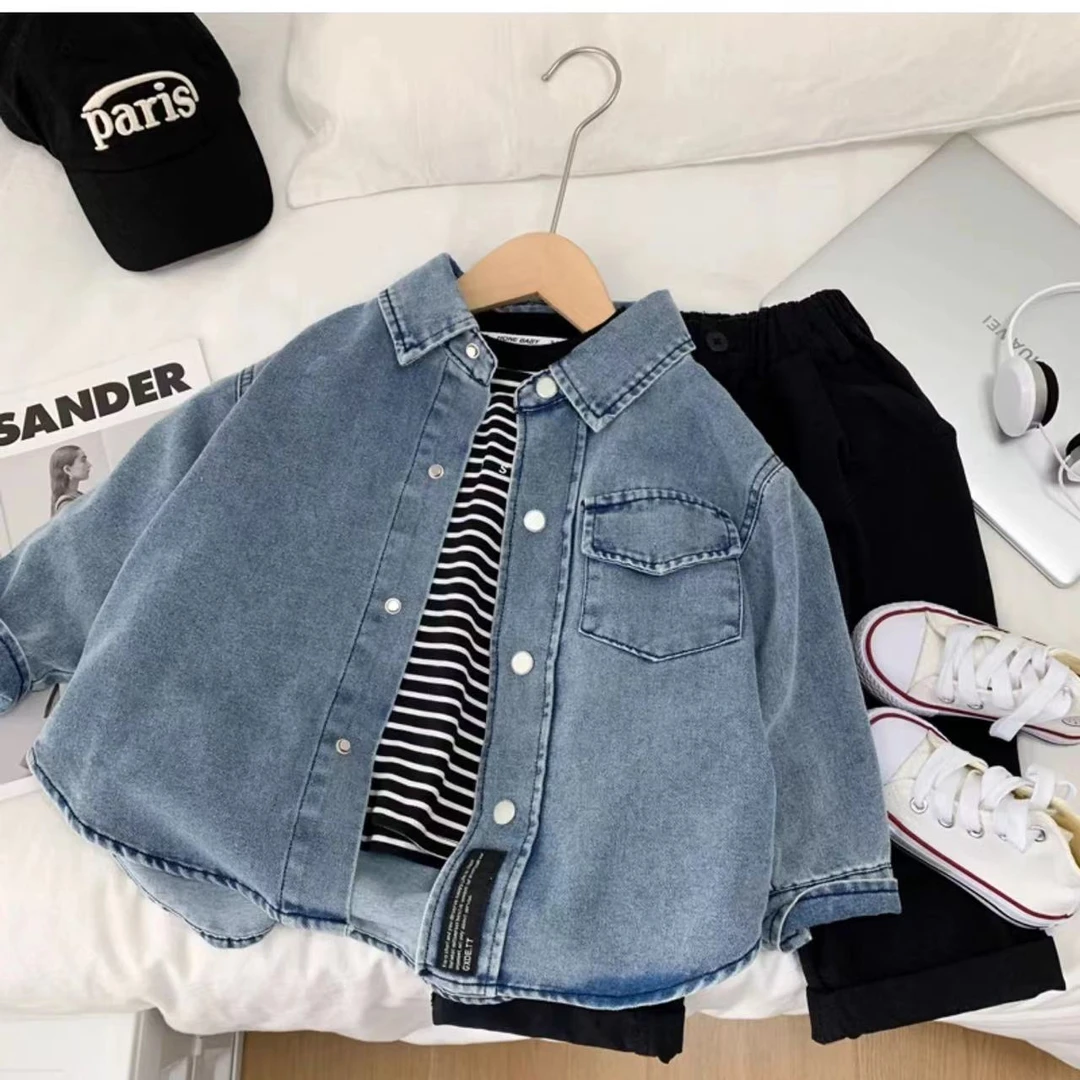 【热推爆款】儿童牛仔衬衫春秋款2025新款中小童洋气翻领外套男童长