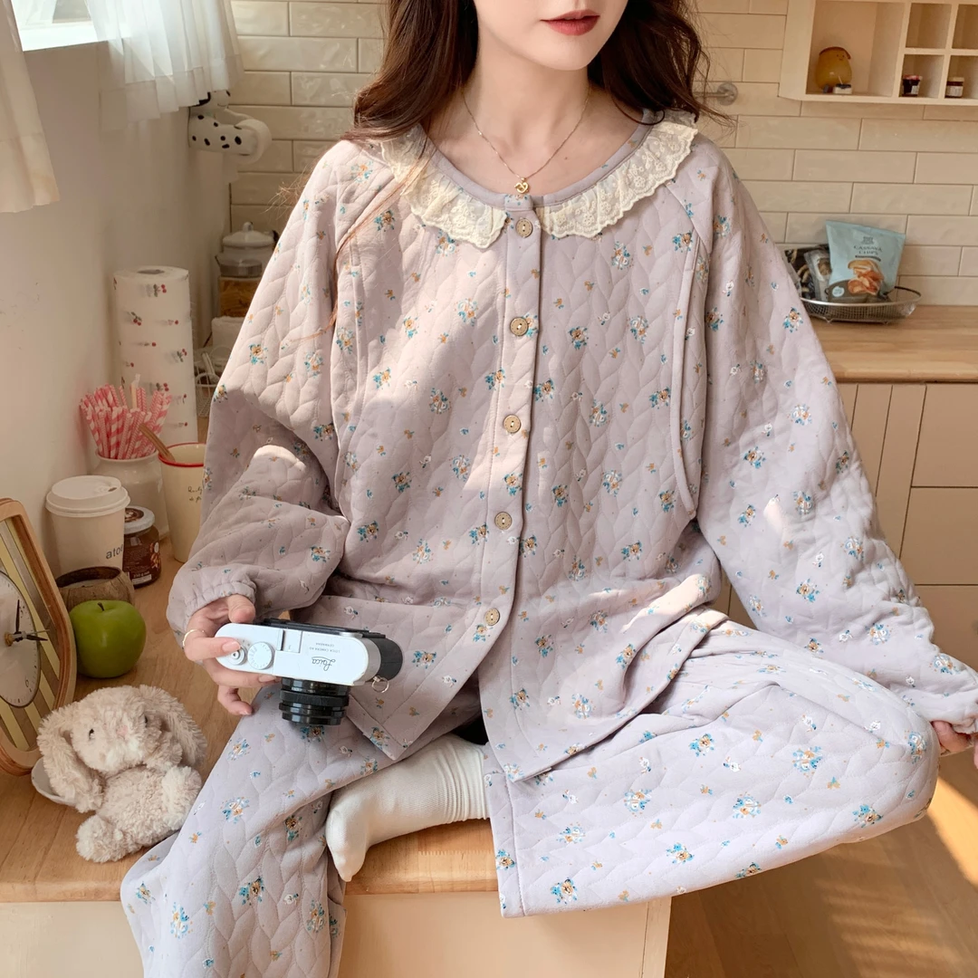 孕妇秋冬季睡衣产后加厚保暖空气棉喂奶月子服大码产妇哺乳两件套