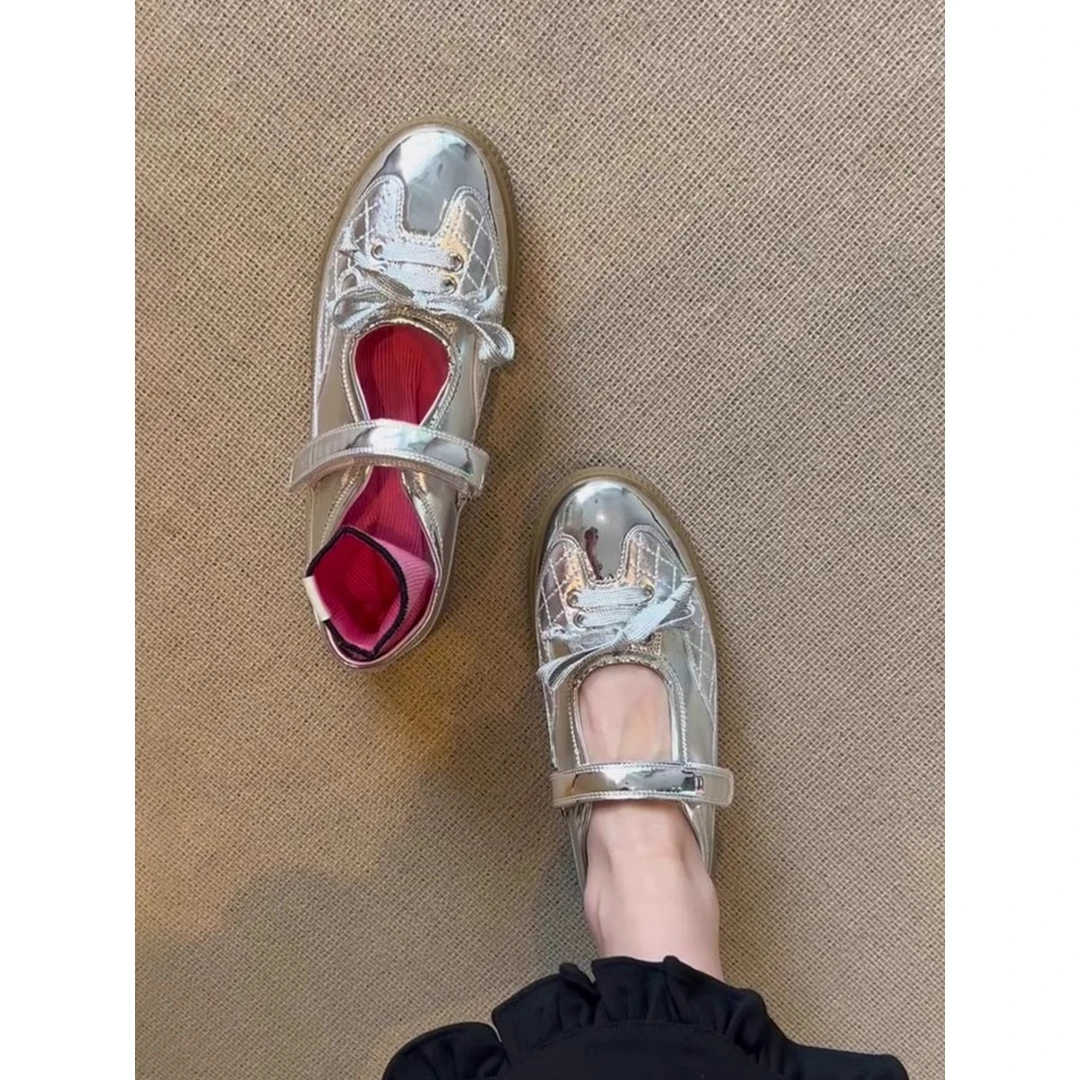 游今希~百搭休闲圆头平底魔术贴银色休闲芭蕾鞋配裙子不累脚女鞋