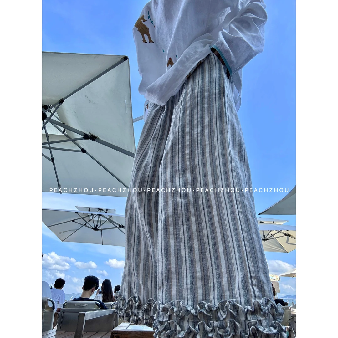 『PEACHZHOU』棉麻立体花边竖条纹宽松直筒休闲裤松紧腰阔腿长裤女