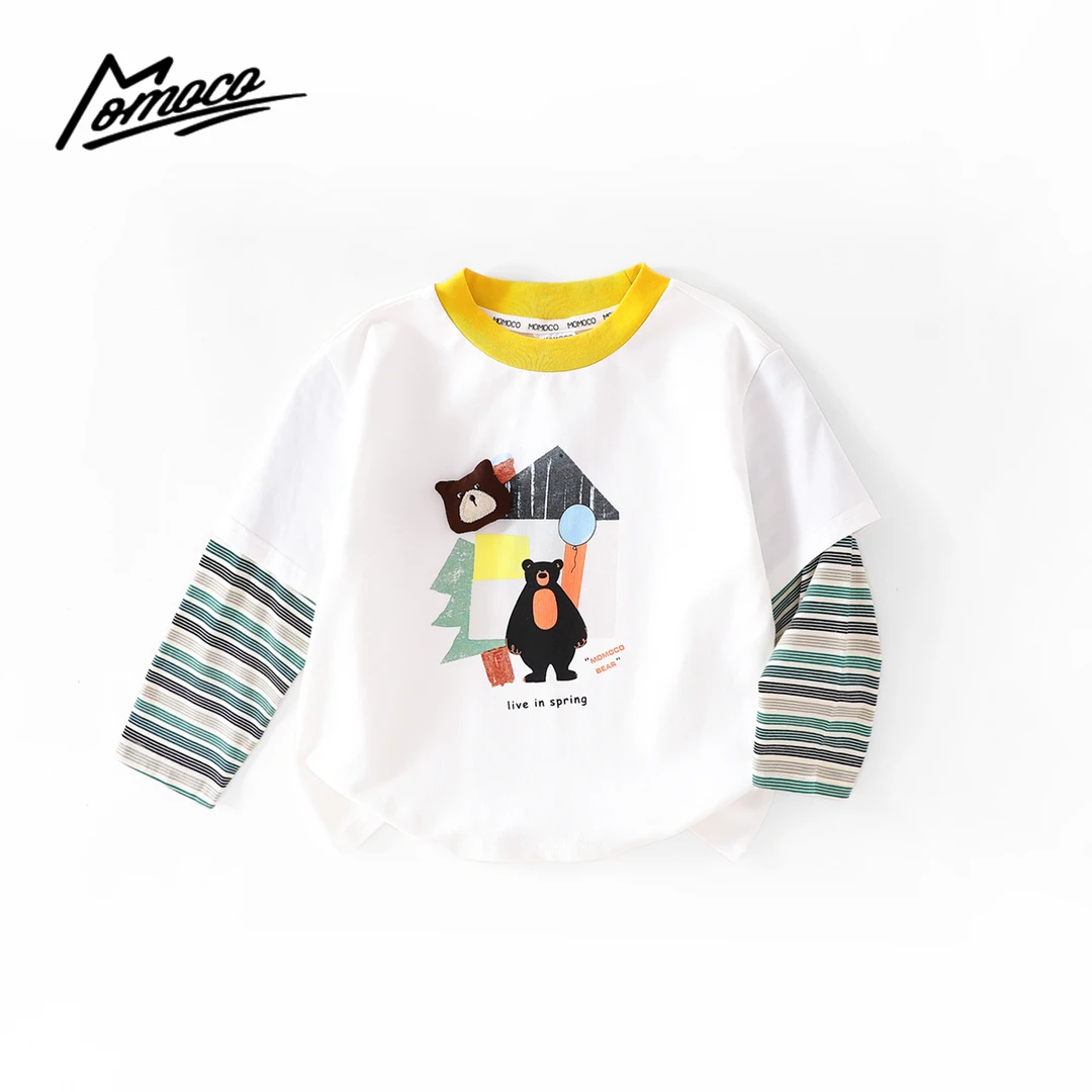 MOMOCO2025款春季男童潮流拼接袖小熊T恤洋气上衣77130235010