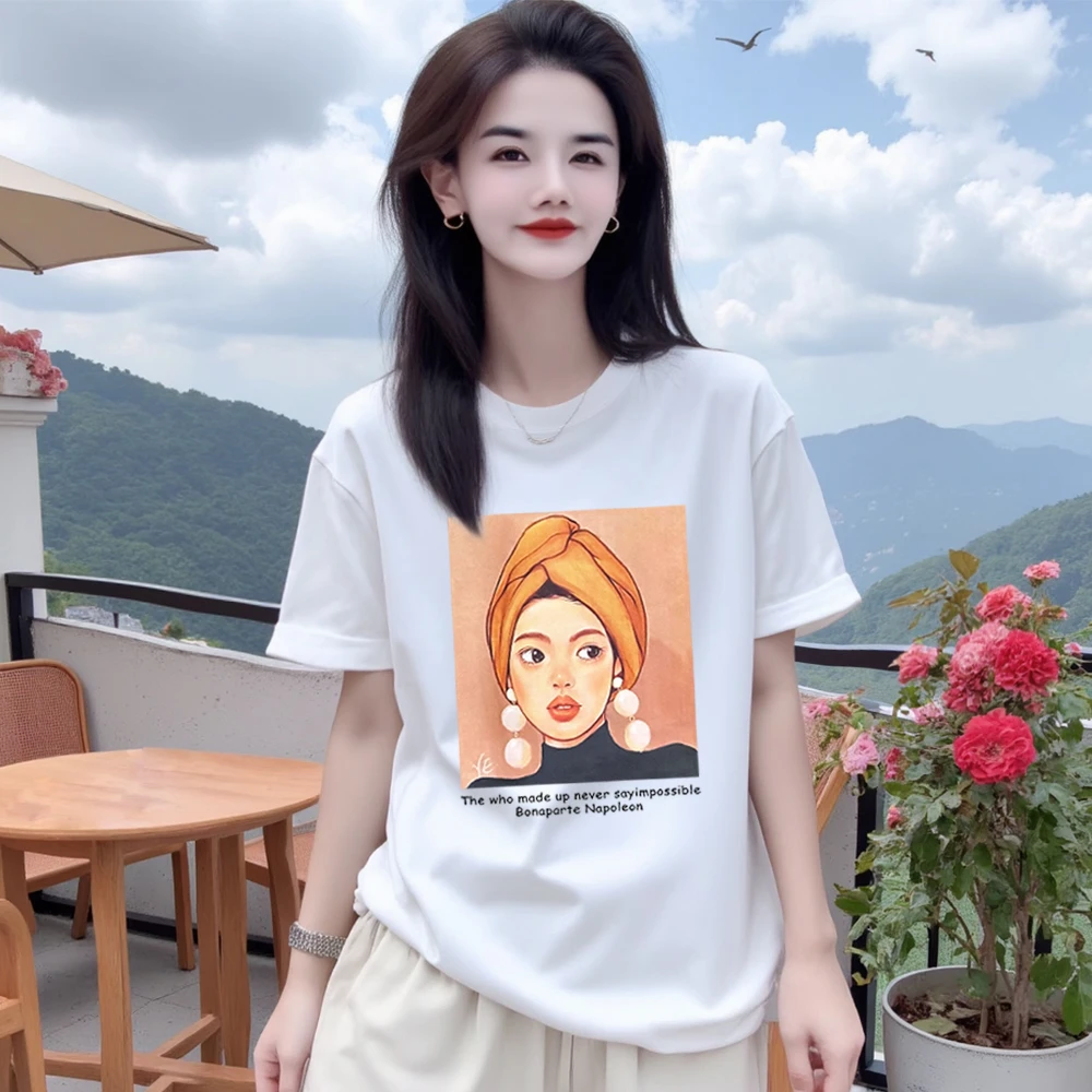 【珍珠少女】纯棉宽松显瘦短袖T恤印花圆领时尚休闲百搭上衣潮流