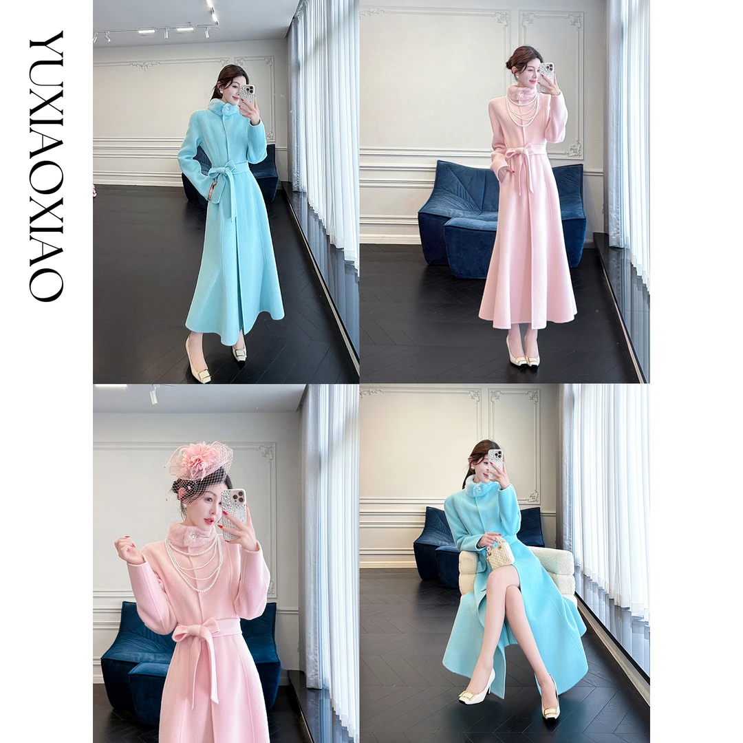 余潇潇【京洛佳人】高级质感100澳羊毛拼接立领水貂毛收腰长款大衣