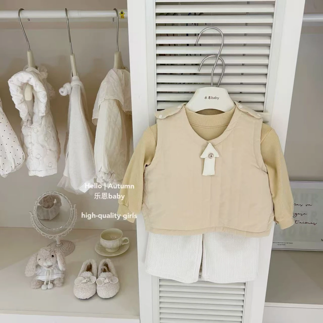 【乐恩童装】2025女童秋冬季黄色洋气夹棉加绒马甲打底衫加绒阔腿裤