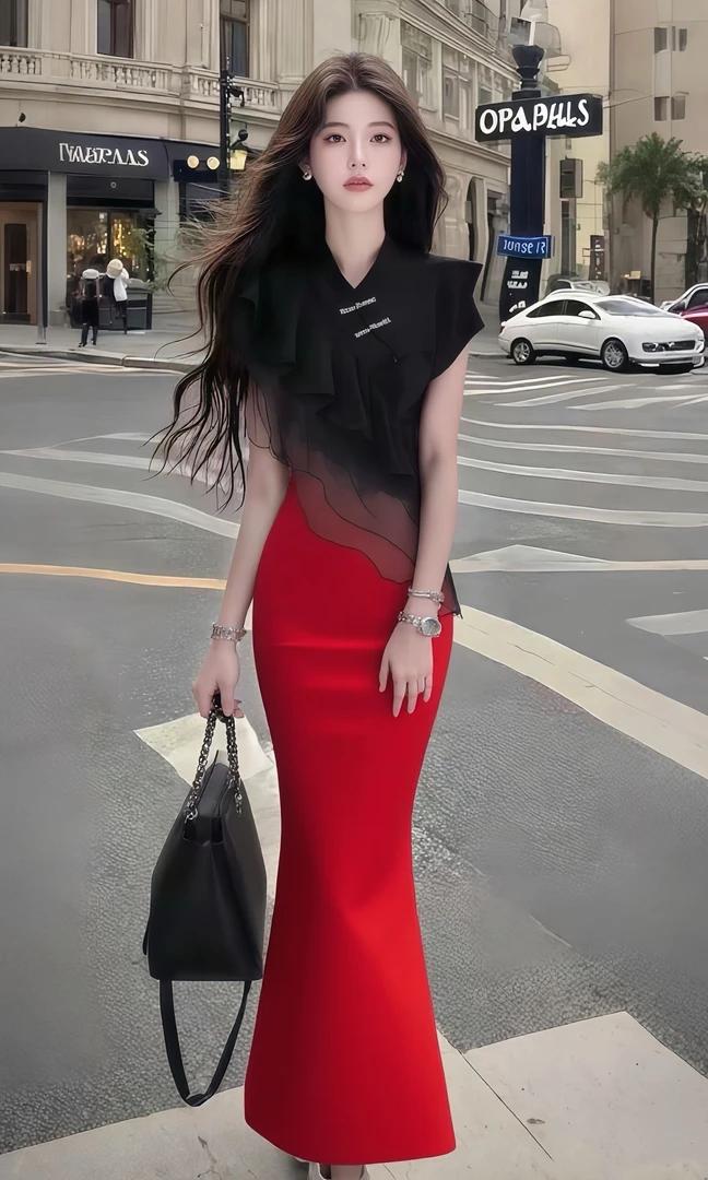 温柔知性风红黑撞色网纱设计V领修身收腰包臀连衣裙女氛围感长裙