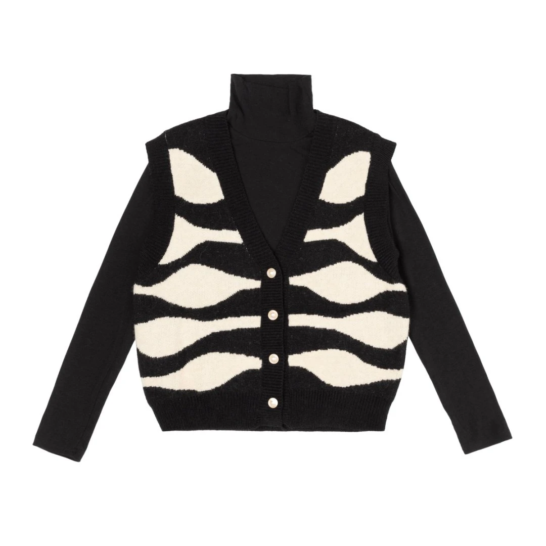 Q12773时尚设计感复古针织马甲+内搭打底上衣两件套