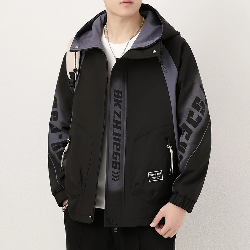 连帽外套男款秋季男士工装夹克防风外穿上衣帅气百搭宽松字母夹克