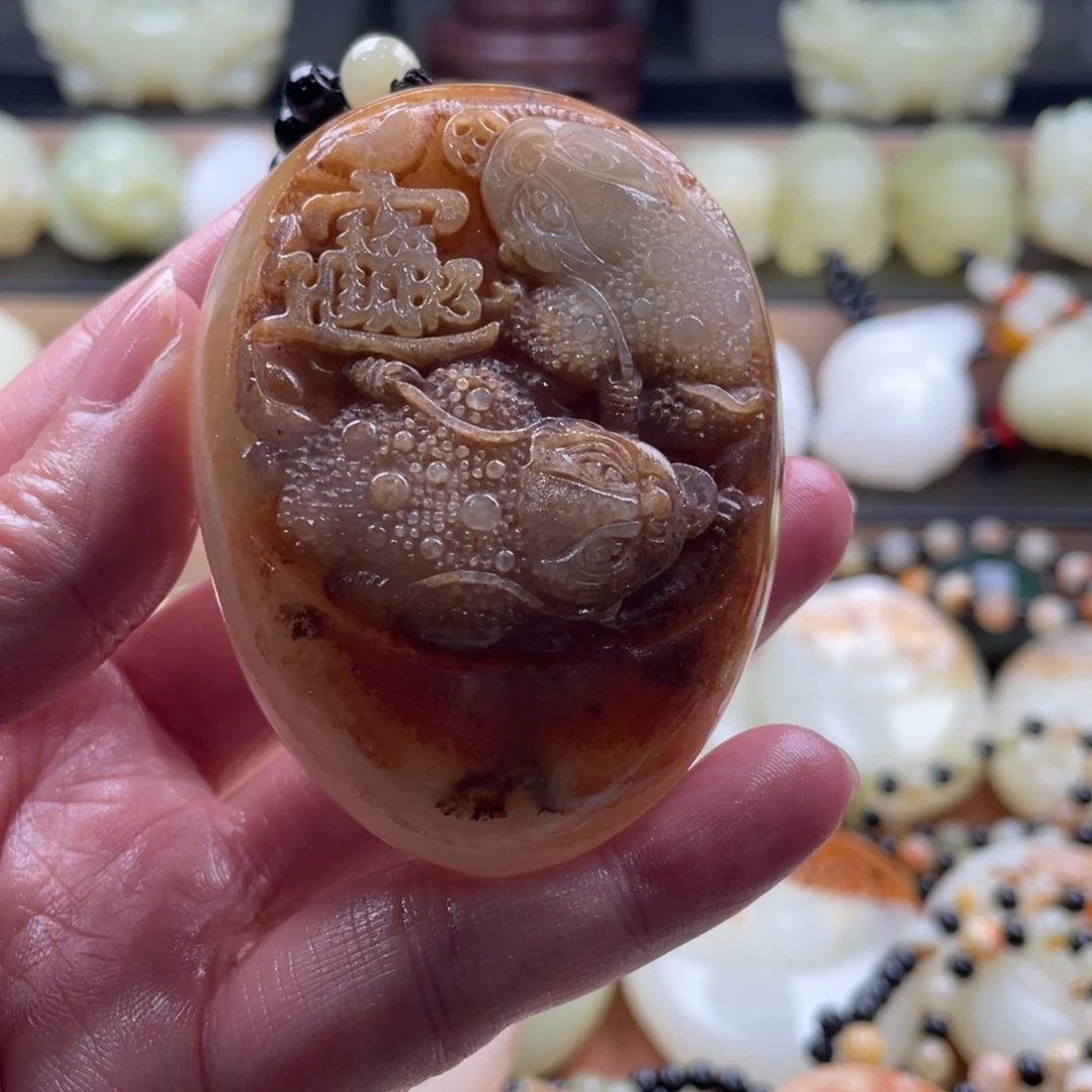 马***功石材天然古青石手把件