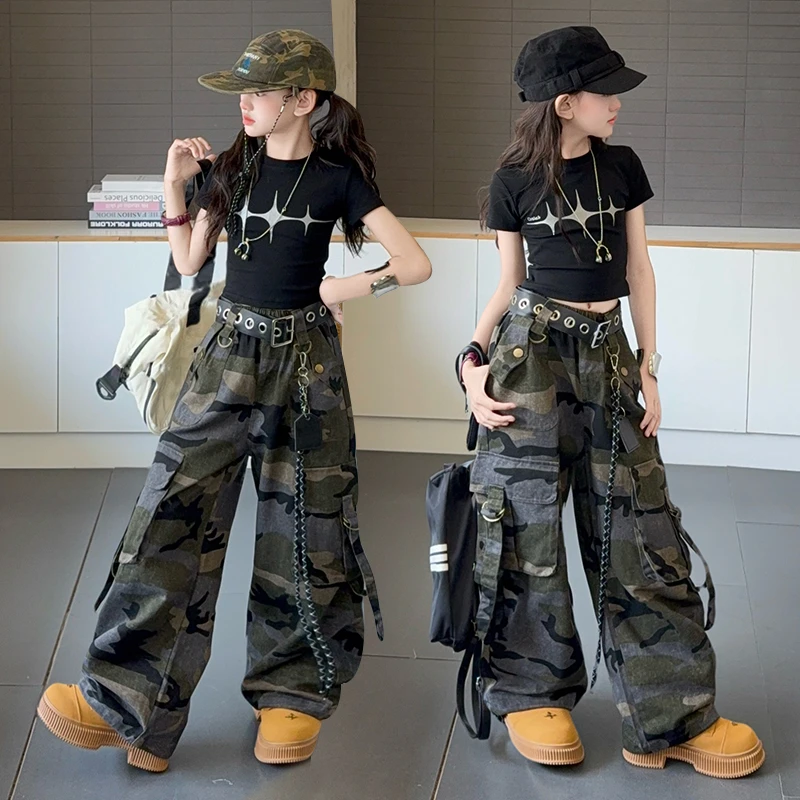 女童迷彩工装裤夏季新款大童女孩爵士舞街舞裤子儿童时髦炸街潮t