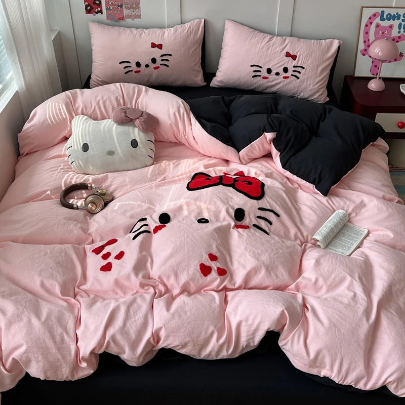 黑粉Kitty毛巾绣四件套单双人宿舍床上床单被罩非纯棉全棉三件套