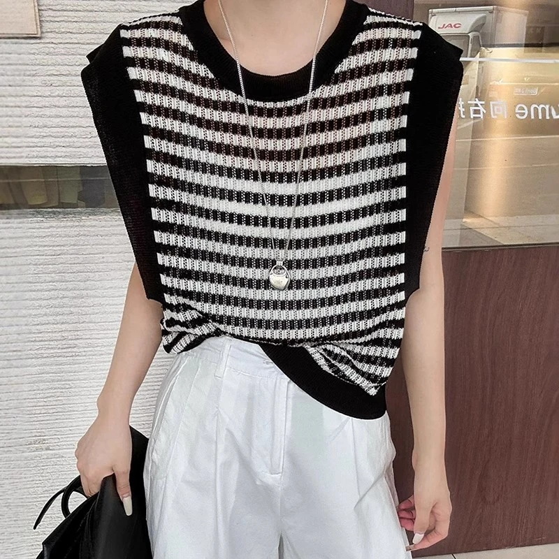 慵懒风撞色条纹圆领飞飞袖上衣夏季新款时尚百搭薄款外穿针织衫女