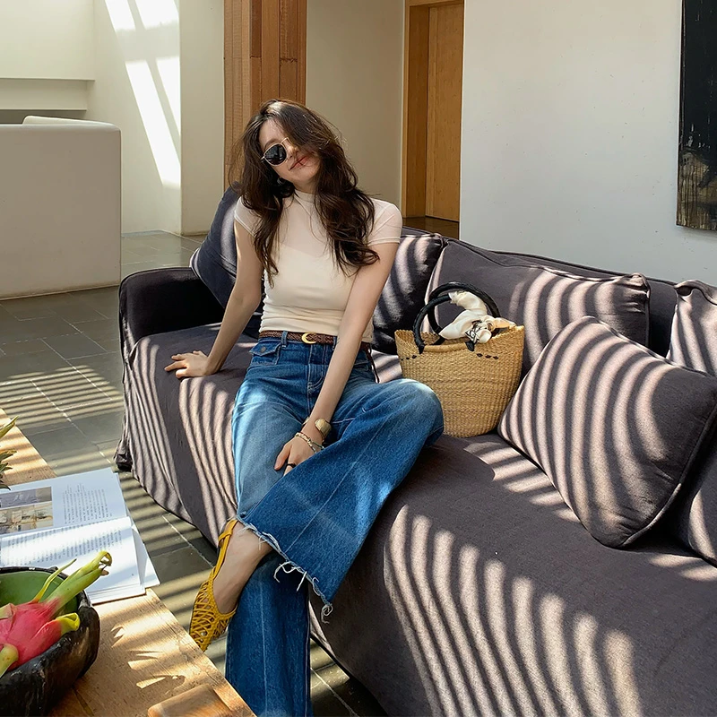 【ALONE SAVOR】海盗小调  简约小高领网纱拼接遮肉显瘦T恤X081