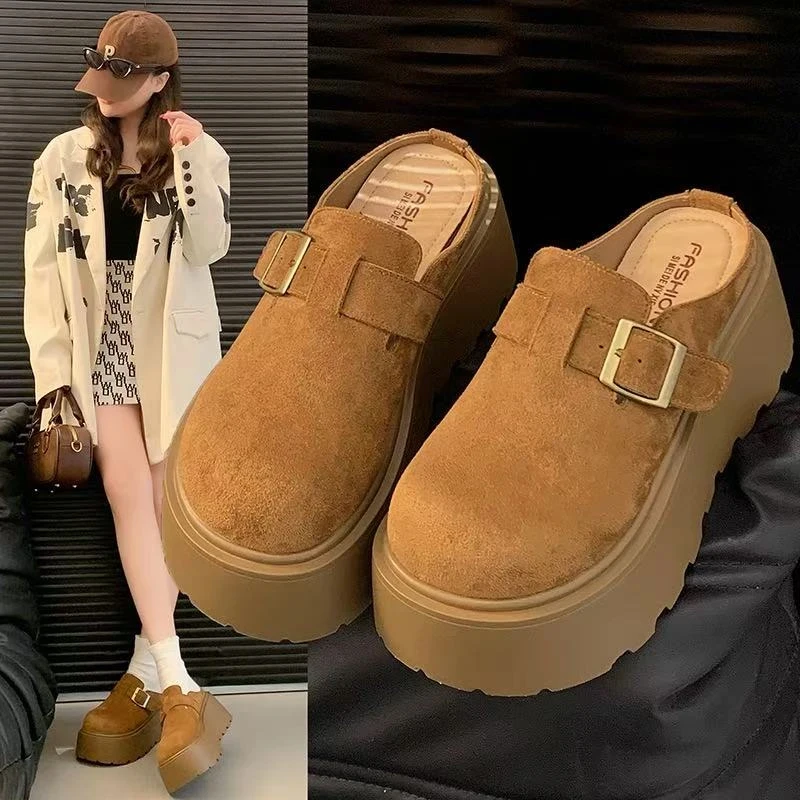 增高7CM 单里 包头半拖鞋女外穿2025新款秋季一脚蹬懒人勃肯鞋