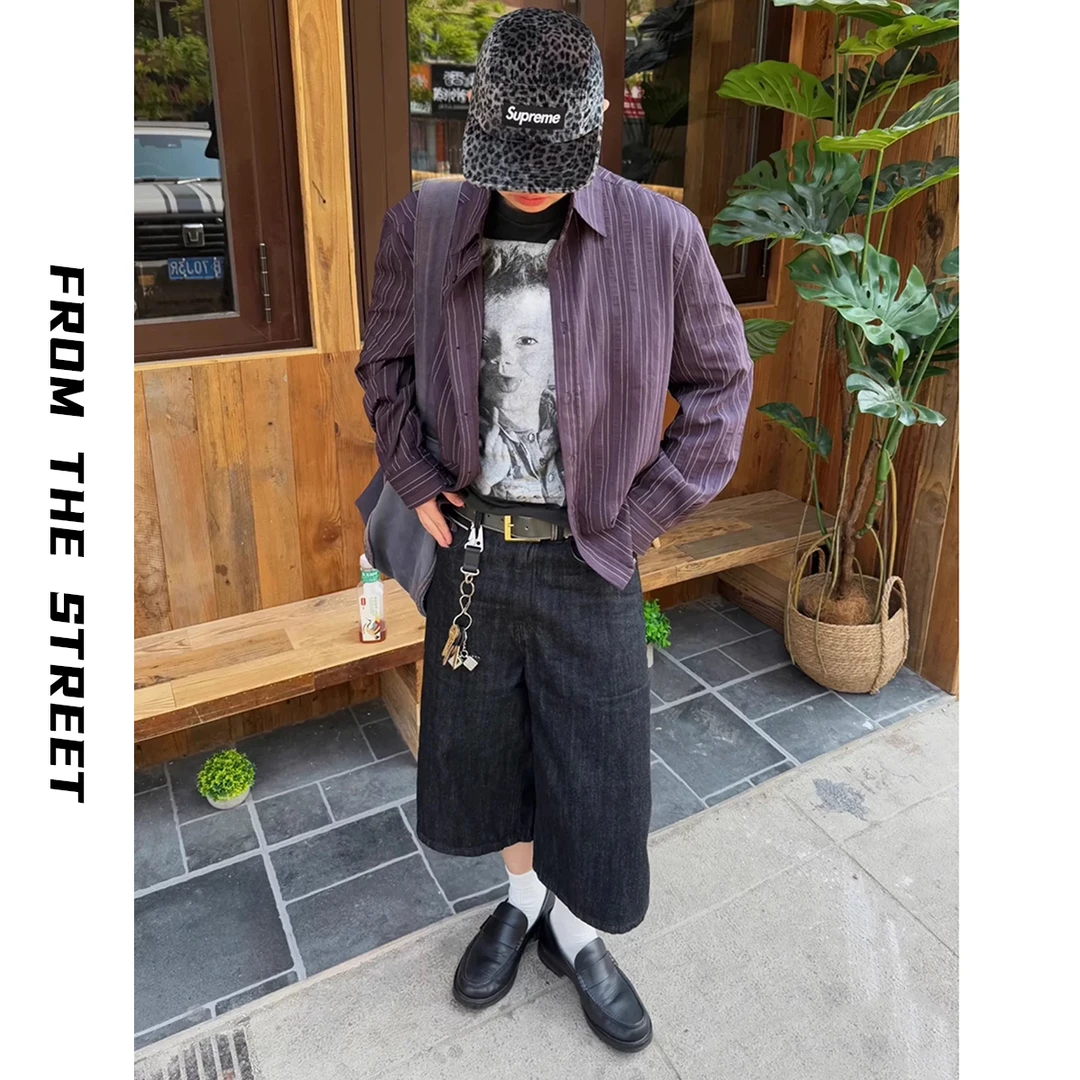 FROM THE STREET来自街紫色撞色条纹松弛感衬衫宽松衬衣打底男女