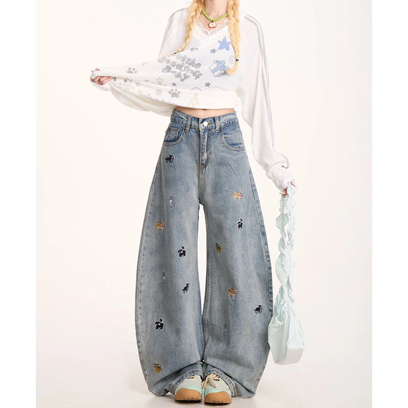 美式趣味小狗刺绣牛仔弯刀裤男女潮流宽松百搭直筒休闲阔腿长裤子