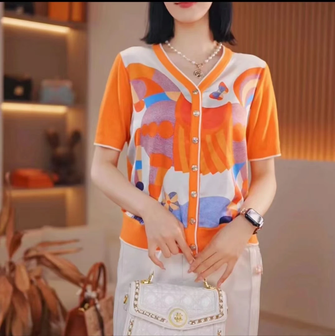 2025夏季新品气质国风印花女士V领休闲外套短袖开衫-新22