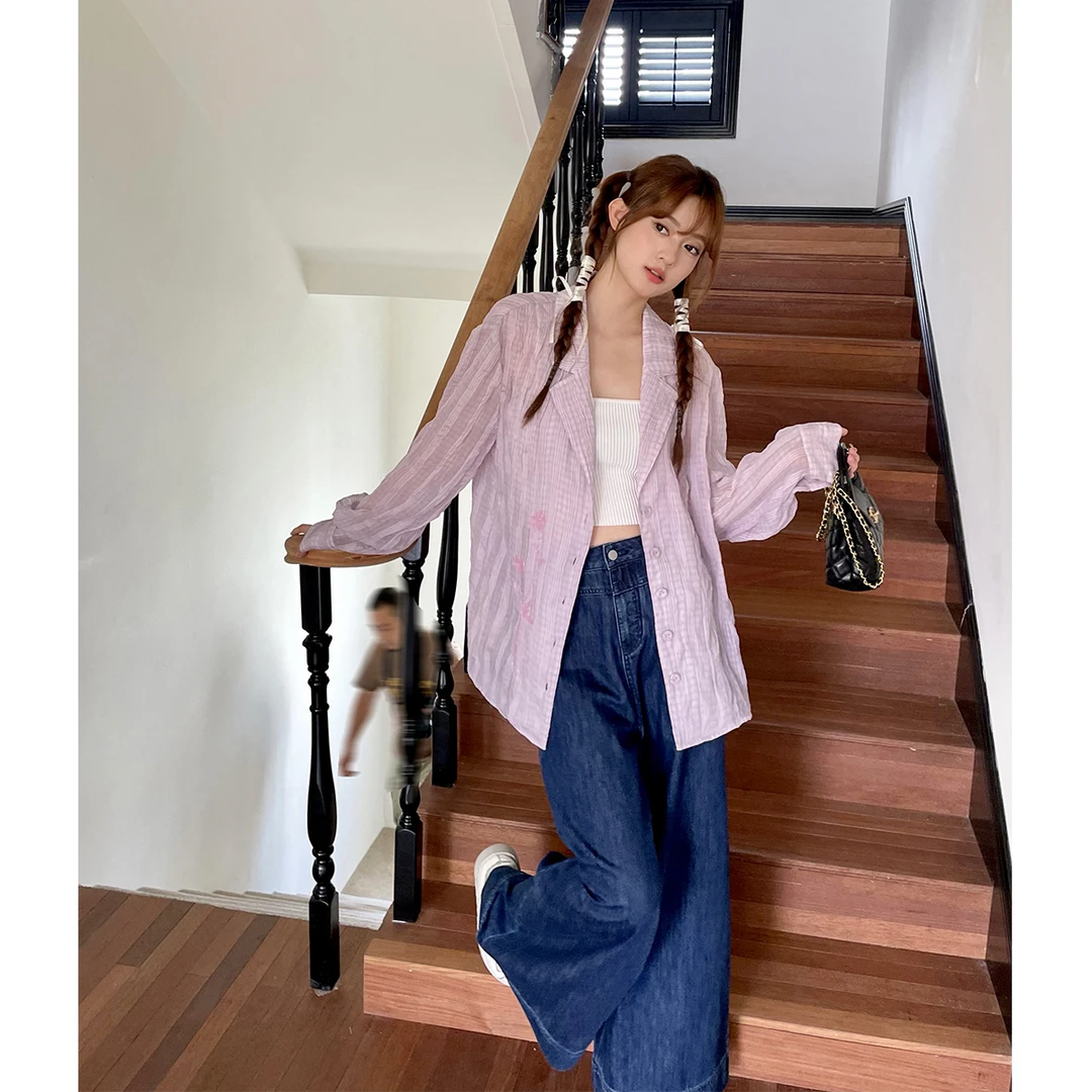 晶咕白标~皱皱感微透视西服防晒薄外套女夏季大码长袖宽松上衣