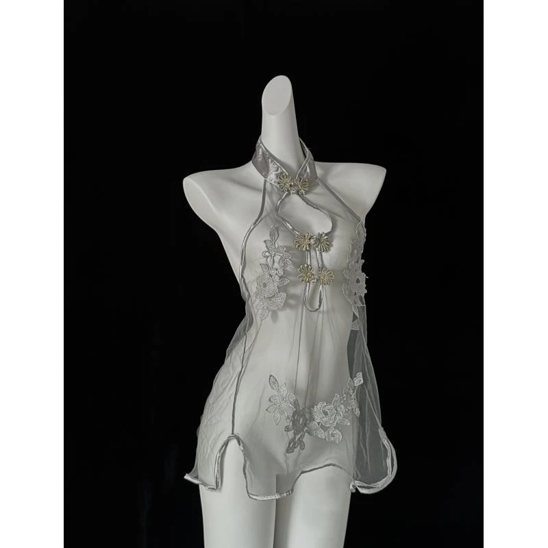 【SanRi】低吟蕾丝镂空流苏透视旗袍睡裙性感战袍吊带睡裙日系睡裙