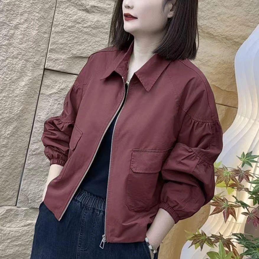 春秋新款款时尚洋气百搭宽松显瘦女士休闲短款夹克外套妈妈装上衣