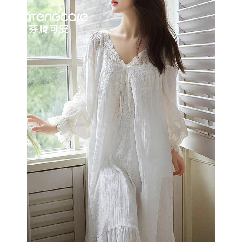 芬腾可安带胸垫公主风长袖睡裙女纯棉春中长款宽松白色法式宫廷风
