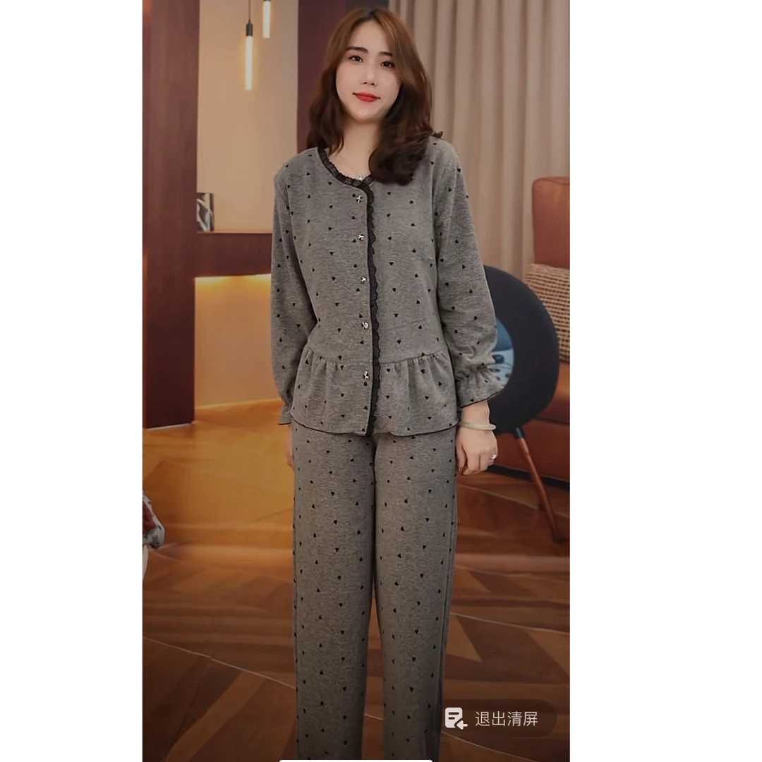 胸垫版睡衣女冬季新款爆款长袖长裤外穿家居服套装（灰色点点）