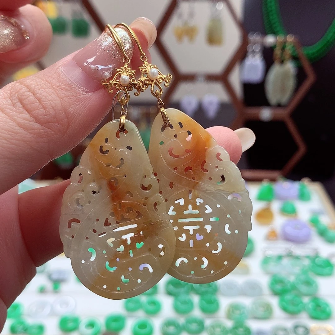 翡翠耳饰18K金镶嵌天然翡翠