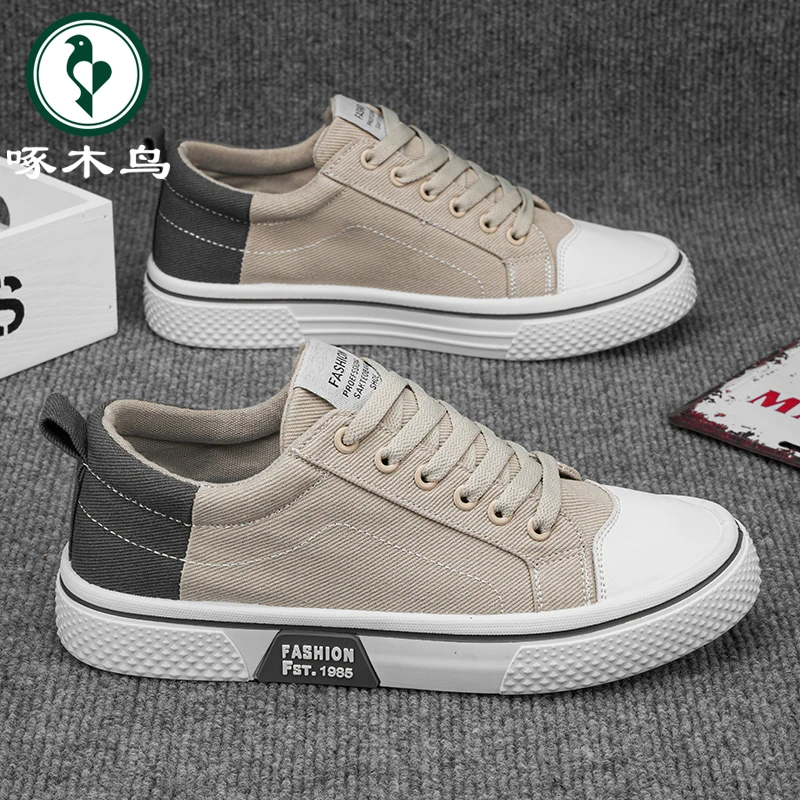 【正品】啄木鸟男鞋冬季透气百搭休闲帆布鞋子男款低帮薄款运动板鞋