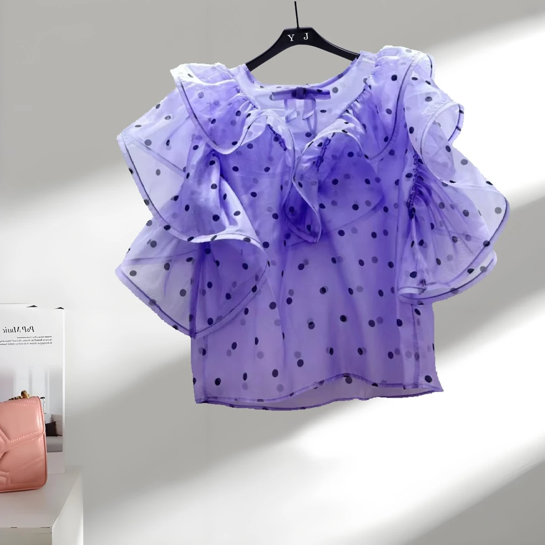 法式洋气轻奢潮牌精致网红荷叶边锁骨一字肩上衣女夏短袖品质女装