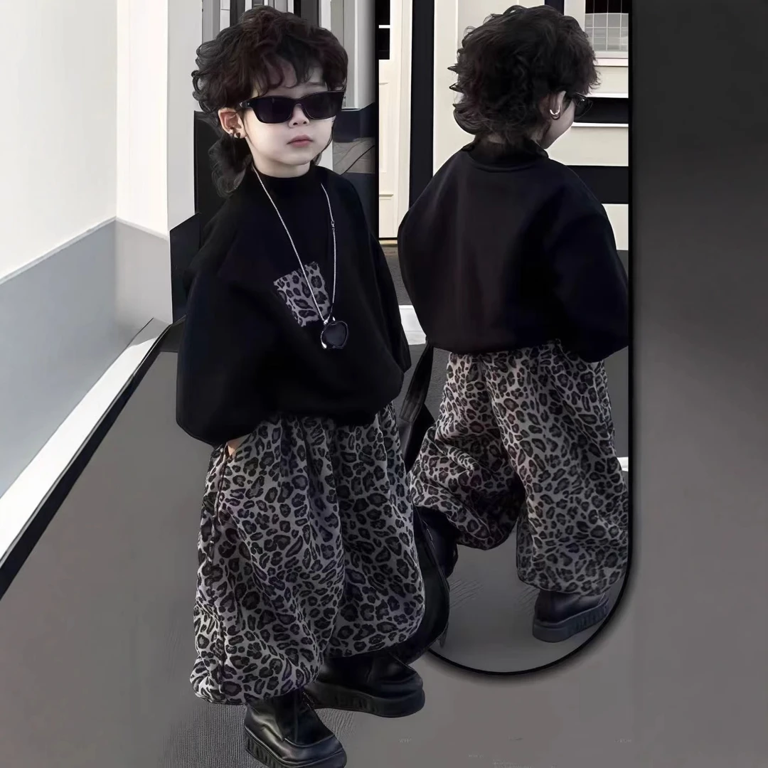 儿童套装秋季2025新款豹纹韩版洋气男女童圆领卫衣卫裤两件套潮童
