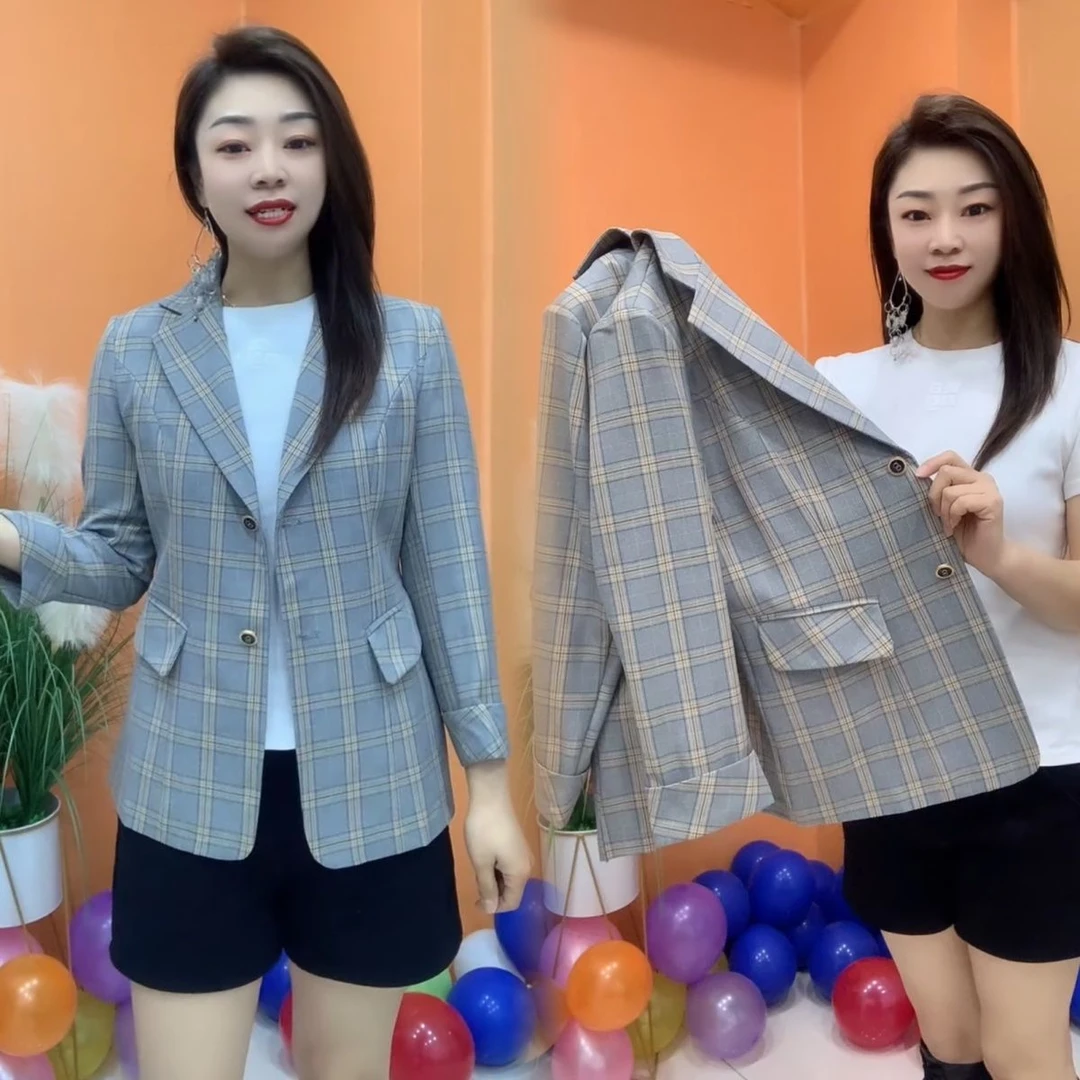 春夏季时尚减龄休闲灰色格子西服外套气质修身女士长袖薄款西装潮