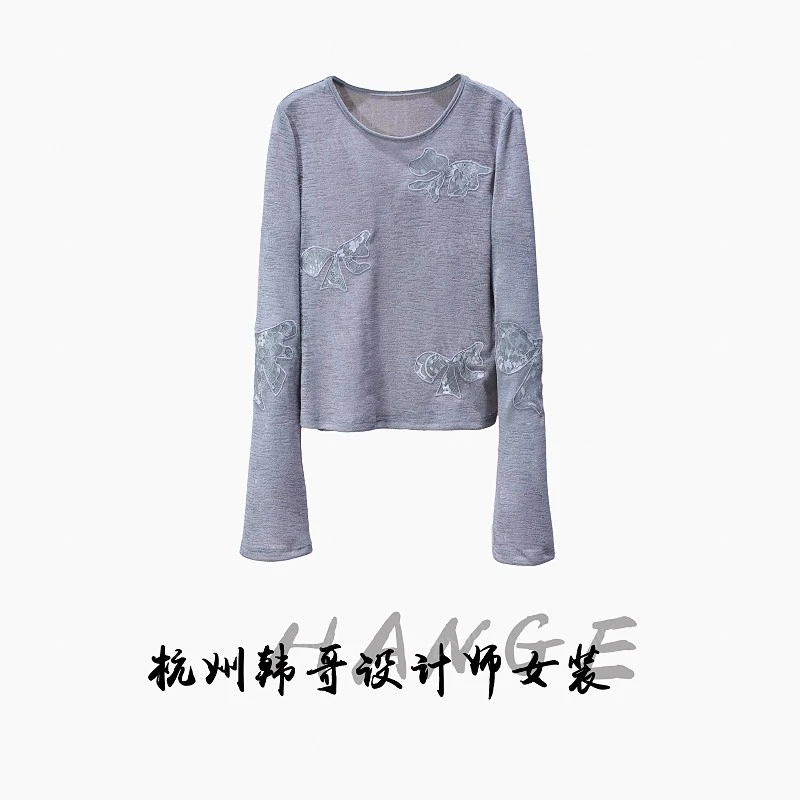 【韩哥女装】夏季欧版设计月魄灰绣布蝴蝶结圆领爽肤衣9077-A7