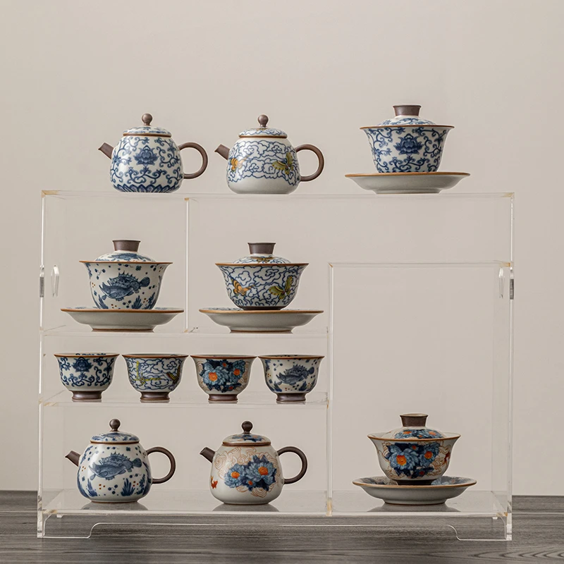 高档汝窑茶具三才盖碗茶壶茶杯家用办公室泡茶功夫茶具可养开片