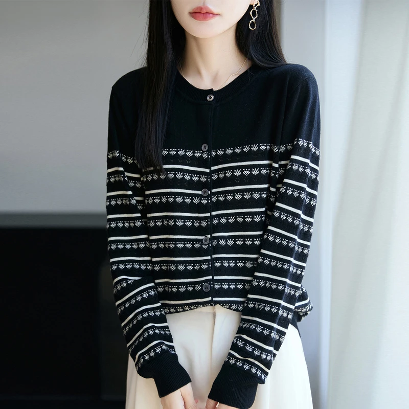 哥弟阿玛施正品早秋新款针织衫时尚条纹撞色提花圆领开衫外套上衣