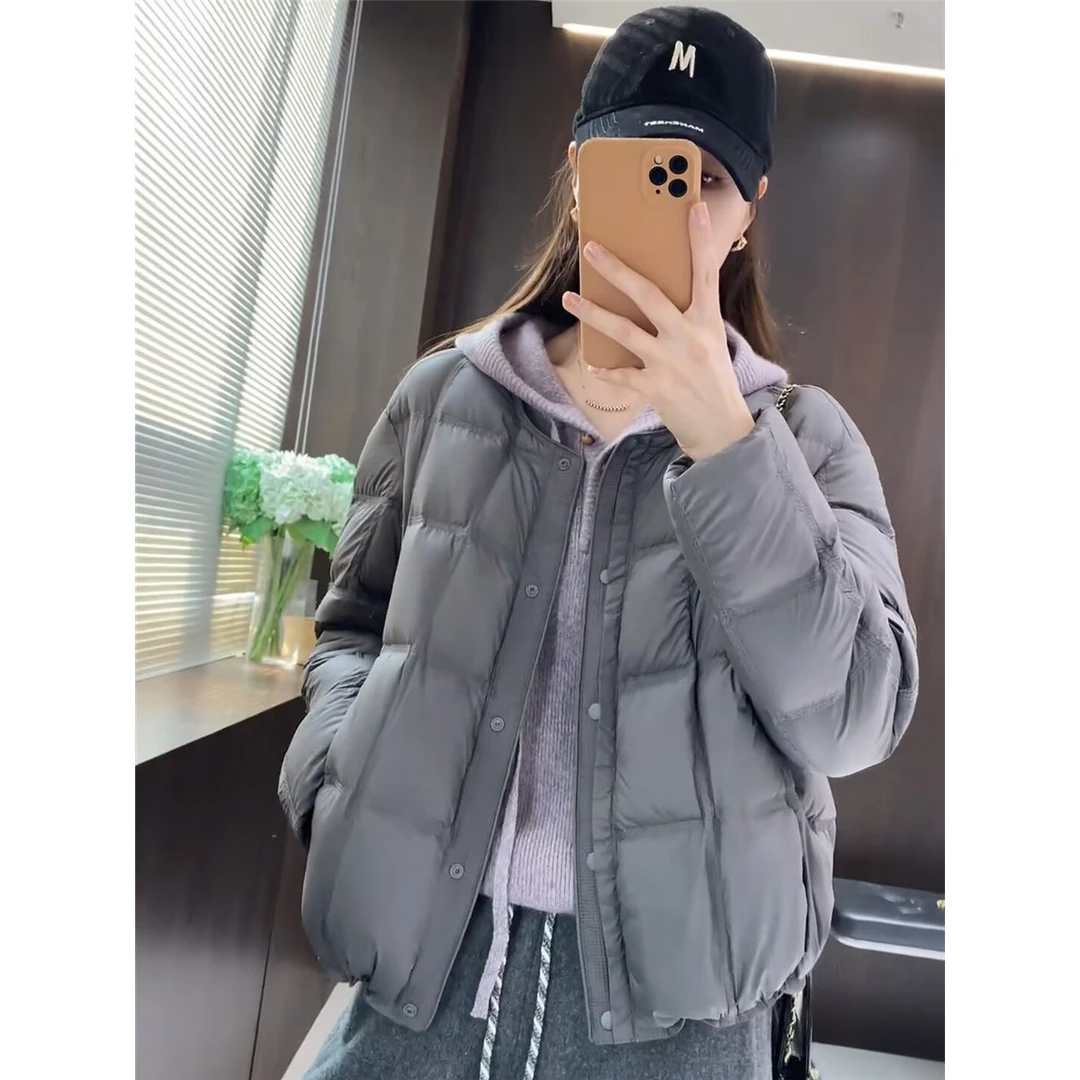 方块圆领白鸭绒羽绒服女短款2025冬季新款韩系小个子轻薄保暖外套
