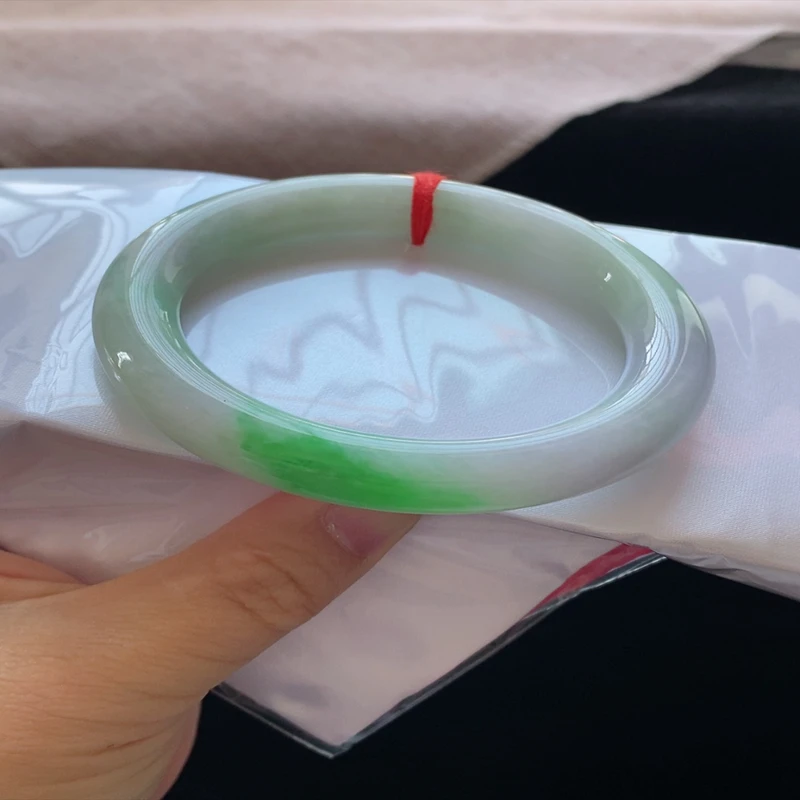 58圈口24810冰糯种水润飘阳绿色翡翠手镯子圆条玉手环天然A货a15