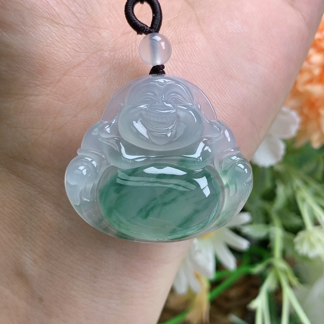 缅甸天然翡翠A货冰种起胶飘花精品佛公吊坠大尺寸32/36/6.8mm
