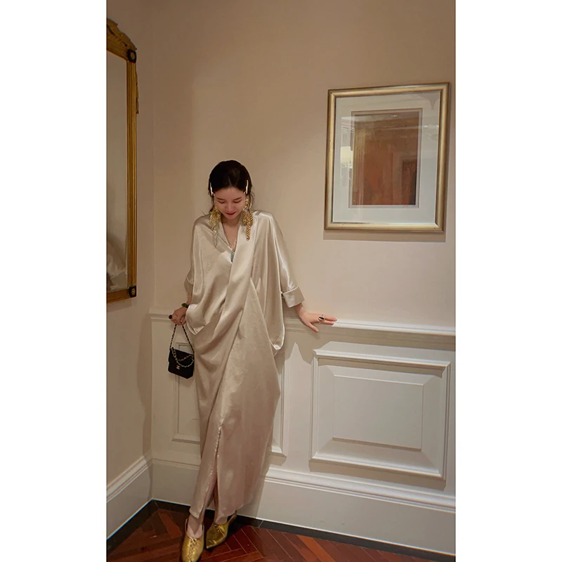 yanyan【流光】夏季100醋酸交叉v领小众大方优雅知性慵懒气质连衣裙