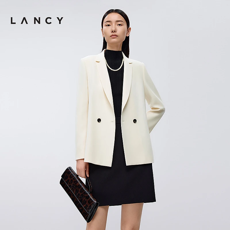LANCY/朗姿2025春新款职业通勤三醋酸米白色西装女高级感气质外套