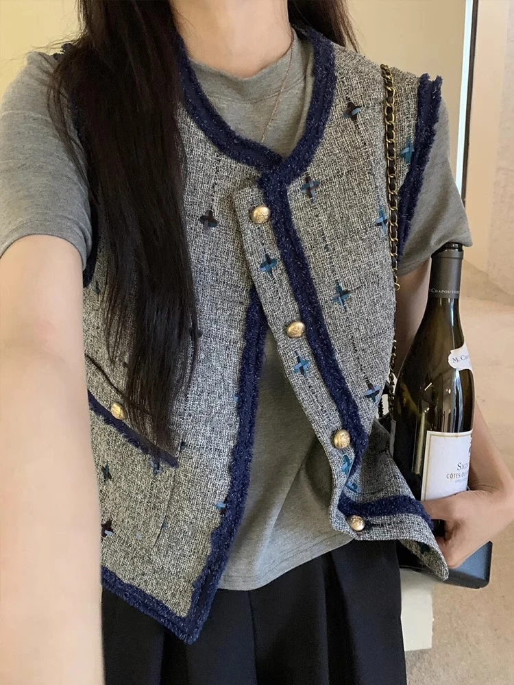 撞色毛边小香风高级感坎肩小个气质复古马夹外套夏季韩版显瘦马甲