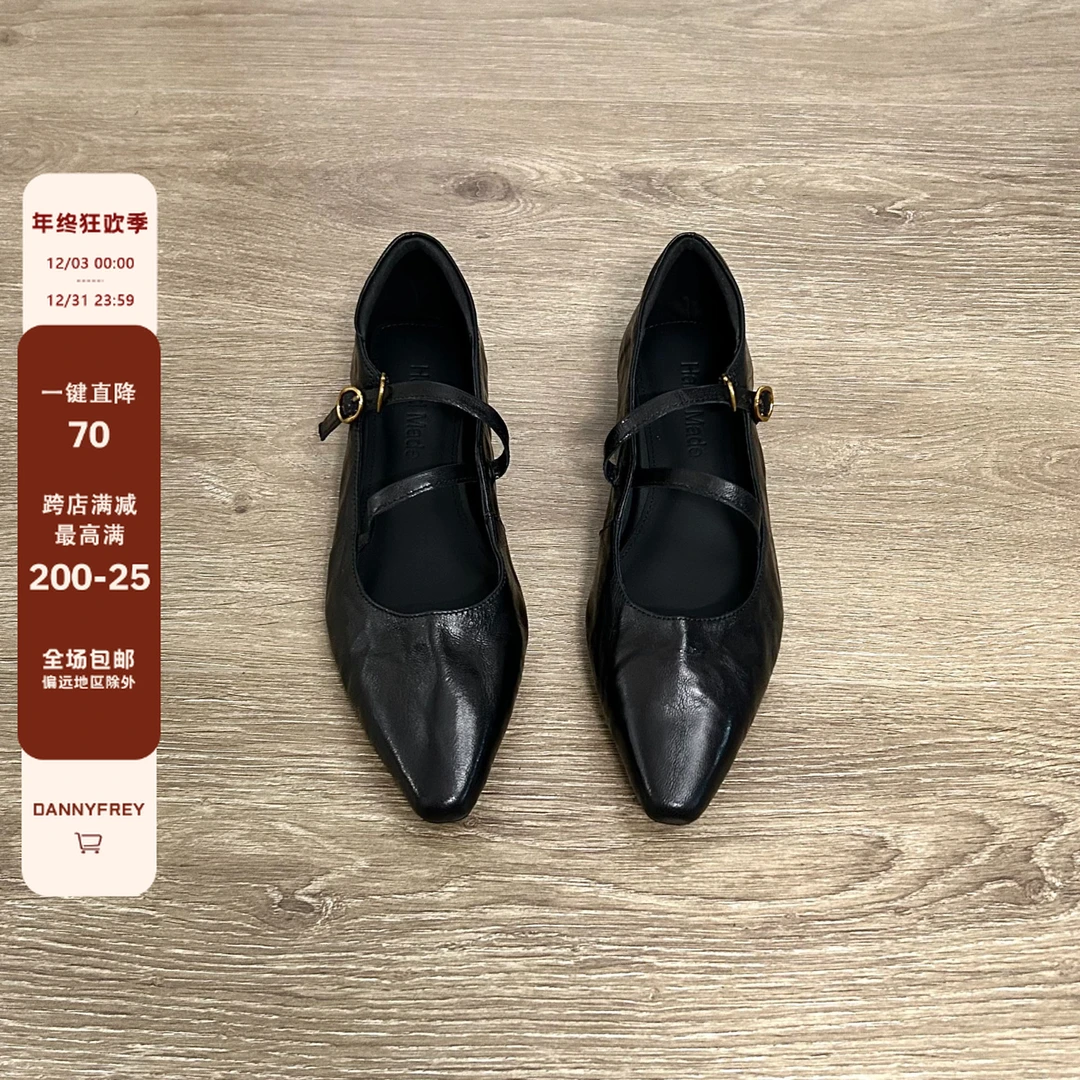 Dannyfrey头层羊皮新款法式复古风一字扣尖头气质通勤真皮女鞋2CM