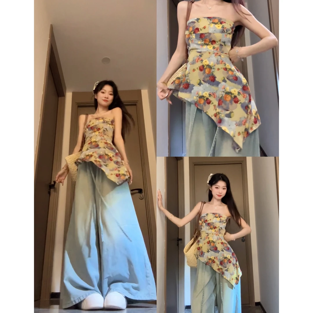 Seven七分糖不规则收腰花色抹胸吊带背心夏季小众设计感无袖上衣