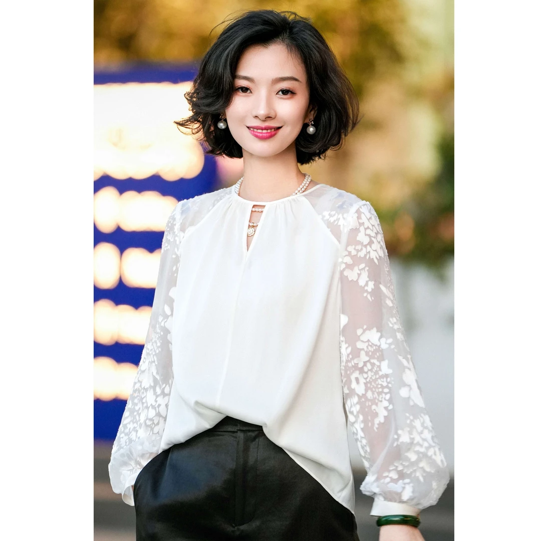 西子/【花满蹊】重磅桑蚕丝19姆米弹力双乔长袖上衣衬衫/SYTJ071